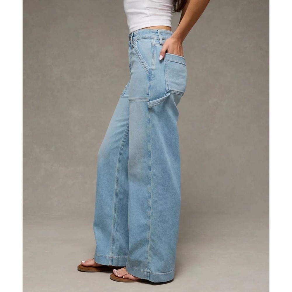 American Eagle Dreamy Drape Baggy Wide Leg Carpenter Jeans Light Wash 14 Regular - Picture 1 of 16